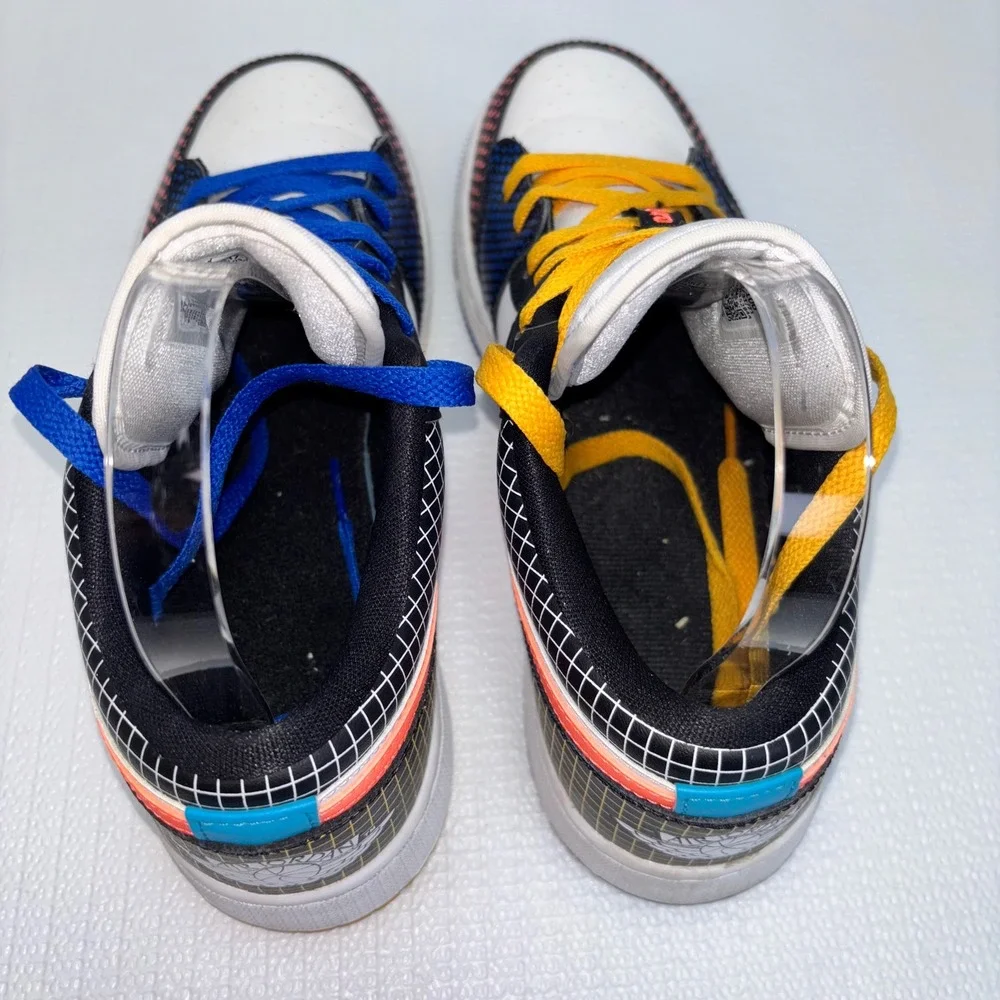 Nike Air Jordan 1 Low Multi Color Grid Sneakers White Coral Blue Yellow Size 7 Y